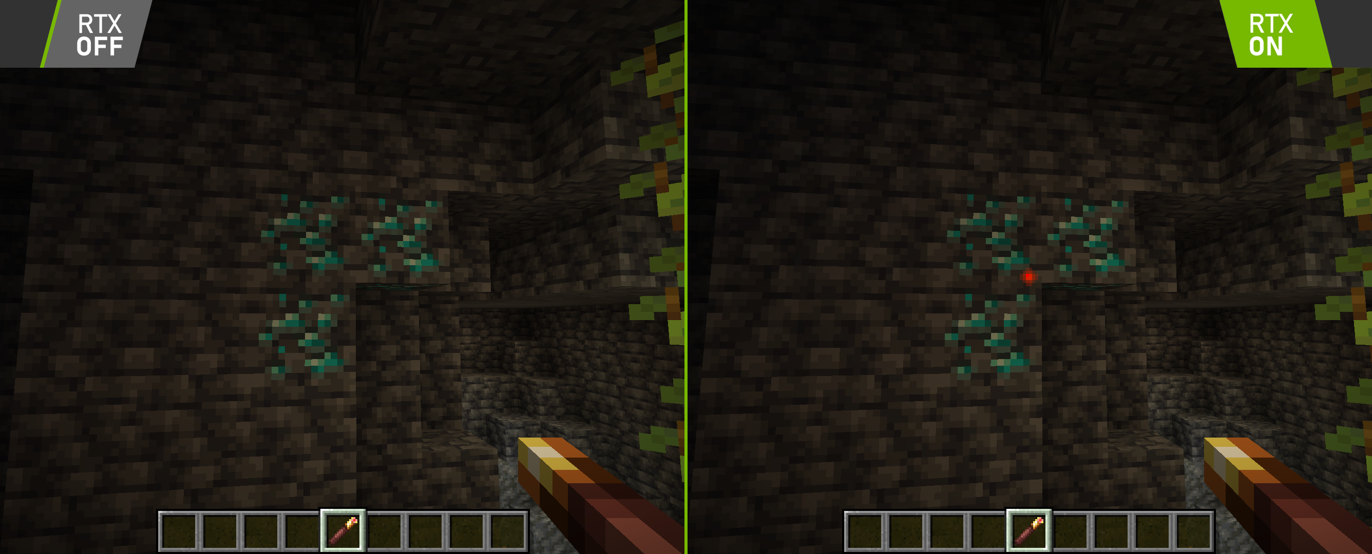 A side-by-side showing a first-person view of a player using a red laser pointer to point at diamond ore. Also has RTX OFF and RTX ON on the respective images.