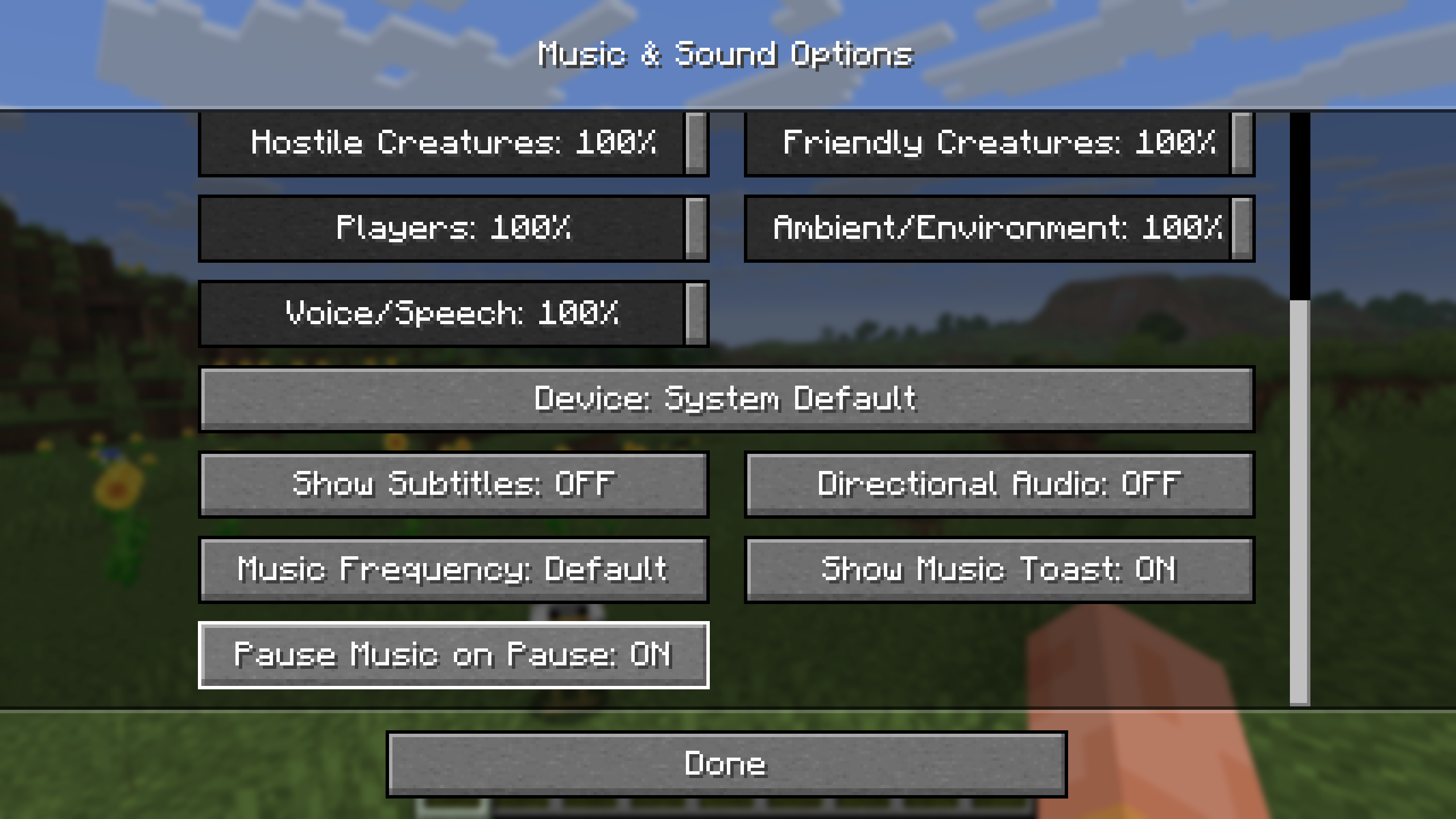 A screenshot of the Music & Sound Options menu, showing the added "Pause Music on Pause" button